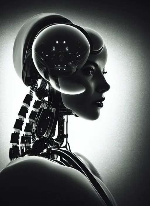 Image similar to a beautiful young female futuristic robot profile face, daguerrotype, closeup - view, f / 2. 8, low contrast, 1 6 k, x - ray, beautiful lighting, reflective, in a symbolic and meaningful style, surreal dreamy poetic