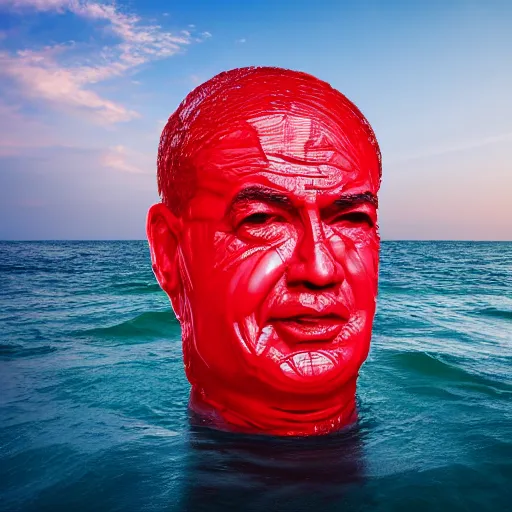 Image similar to a giant human head sculpture in the sea made out of juicy and transparent red jelly, looking like benjamin netanyahu, long shot, hyper detailed, hyper realistic, ray tracing, 8 k resolution, sharp focus, realistic water, award winning