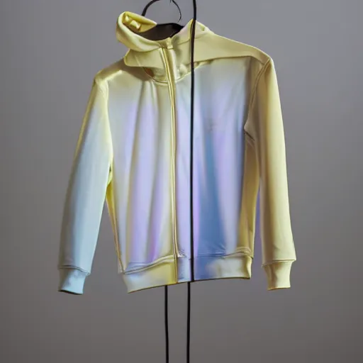 Prompt: an ultra high definition professional studio quality photograph of a transparent iridescent perspex pastel coloured hoodie on white coat hook in an empty white room. dramatic lighting, ray tracing, refraction, shallow d. o. f, colour corrected, golden ratio, three point light. volumetric shadows. god rays.