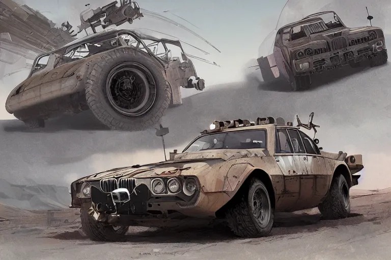 Prompt: dieselpunk digital illustration of mad max's bmw m 1 ( himars ) by makoto shinkai, ilya kuvshinov, lois van baarle, rossdraws, basquiat