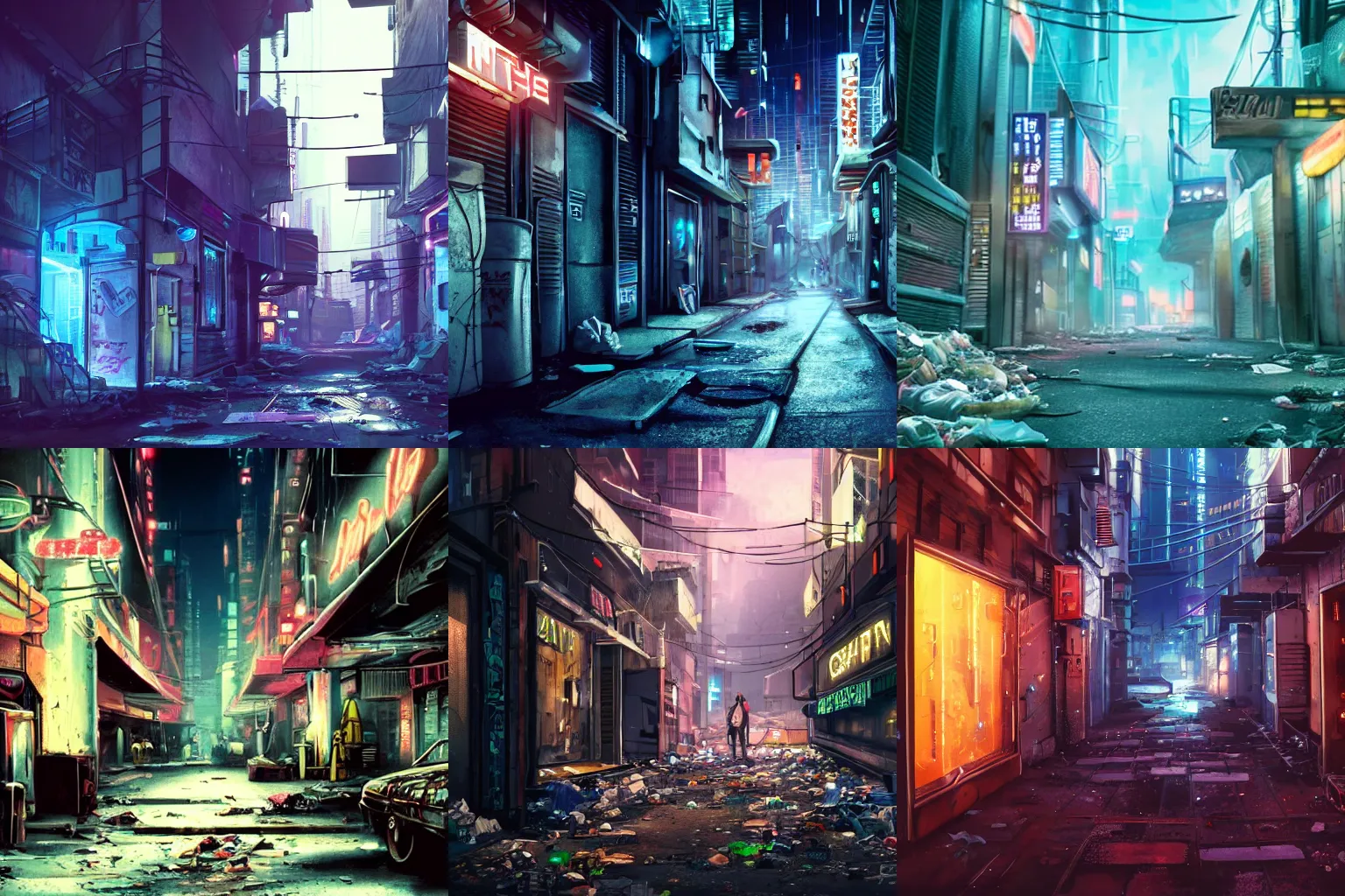 Prompt: a cinematic still frame of an alleyway in a futuristic dystopian city, littered with garbage, cold lighting, neon signs in the background, cityscape, vanishing point perspective
