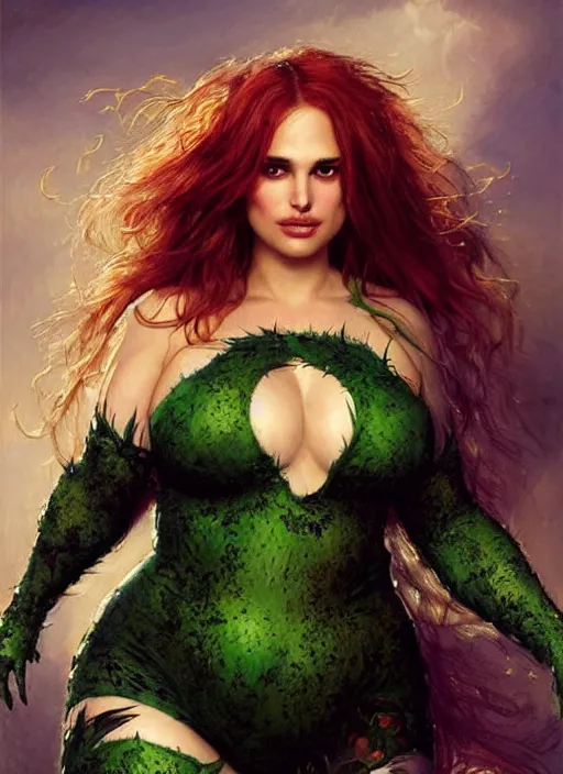 Prompt: A beautiful portrait of 400-pound obese Natalie Portman as Poison Ivy from Batman movie, digital art by Eugene de Blaas and Ross Tran, vibrant color scheme, highly detailed, in the style of romanticism, cinematic, artstation, Greg rutkowski