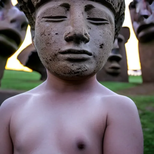 Image similar to a very disgusted and crying kid holding and looking an ice cream cone with a small moai statue in the cone, 4 k photograph