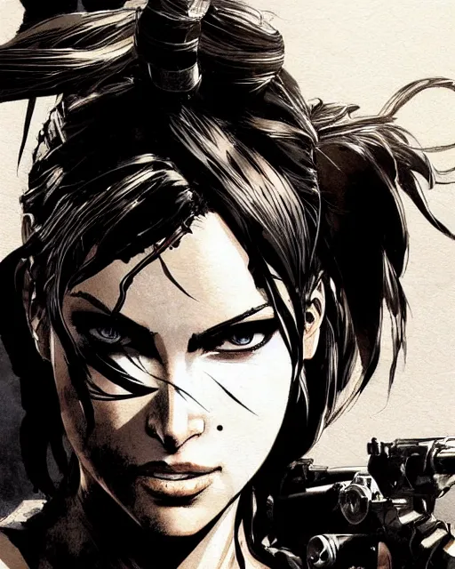 Prompt: lara croft, concept art, sumi - e style, artstation, trending, highly detailed, smooth, focus, art by yoji shinkawa