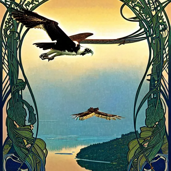 Image similar to an osprey in flight over a spectacular mountain lake at golden hour. art nouveau. surrealism. incredibly beautiful digital art. by alphonse mucha and julie dillon.