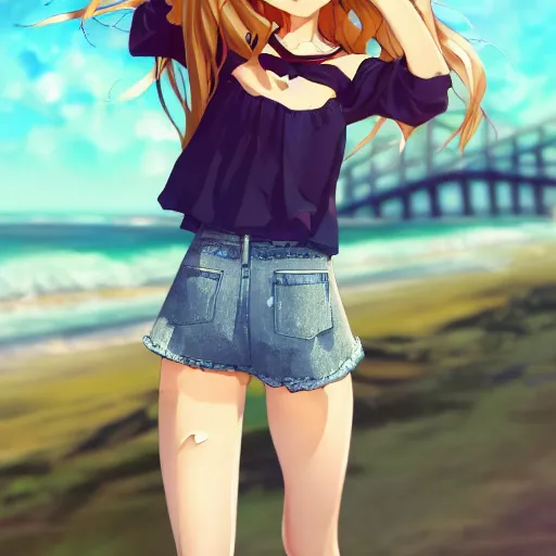 Prompt: a very beautiful anime girl, full body, long golden hair, sky blue eyes, full round face,cute face, short smile, mini jeans skirt, cute top, beach setting, cinematic lighting, medium shot, mid-shot, highly detailed, trending on Artstation, Unreal Engine 4k, cinematic wallpaper by Stanley Artgerm Lau, WLOP, Rossdraws, James Jean, Andrei Riabovitchev, Marc Simonetti, and Sakimichan