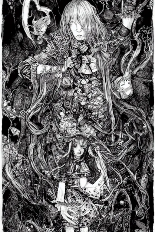 Image similar to Horror Alice in wonderland tarot card , pen and ink, intricate line drawings, by Yoshitaka Amano, Ruan Jia, Kentaro Miura, Artgerm, watercolor