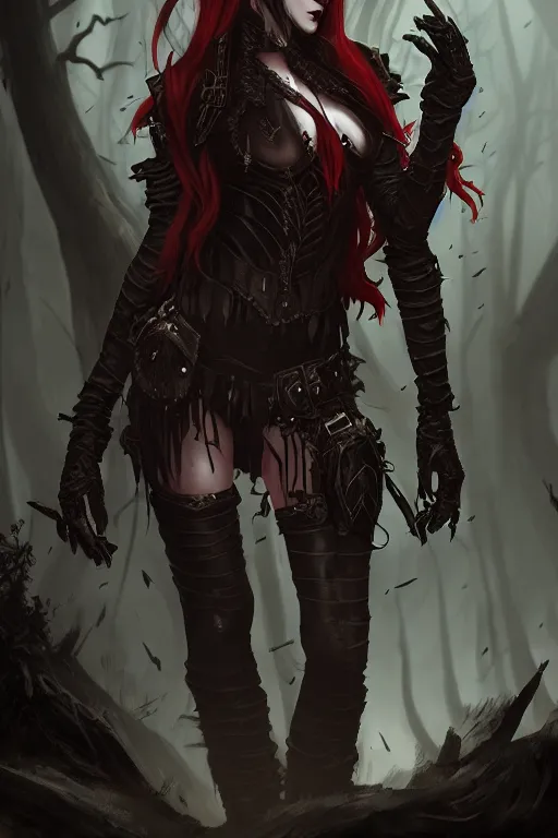 Image similar to dramatic atmospheric dark forest scenery, girl with vampire-fangs in hide leather armor, hyperdetailed, artstation, cgsociety, 8k
