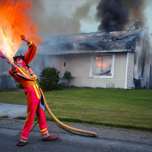 Image similar to photo of a clown using a flamethrower projecting a long bright flame towards a house fire, award-winning, highly-detailed, 8K