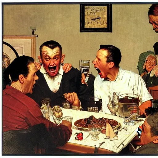 Image similar to a drunken man yelling at his brother, thanksgiving dinner, by norman rockwell