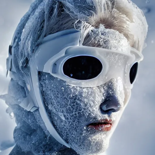 Image similar to futuristic female soldier eyes closed partly submerged in highly viscous clear fluid, frost particles, ice needles, cold blue light, complex hyperdetailed technical suit. white hair flowing. reflection. rays and dispersion of light. volumetric light. 5 0 mm, f / 3 2. noise film photo. ultra realistic, wide angle.