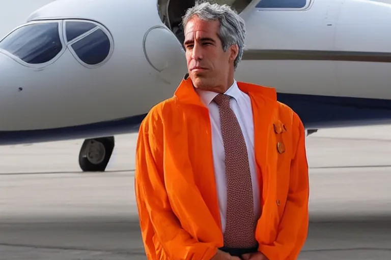 Image similar to jeffrey epstein in an orange jumpsuit, flying a private jet made of gold