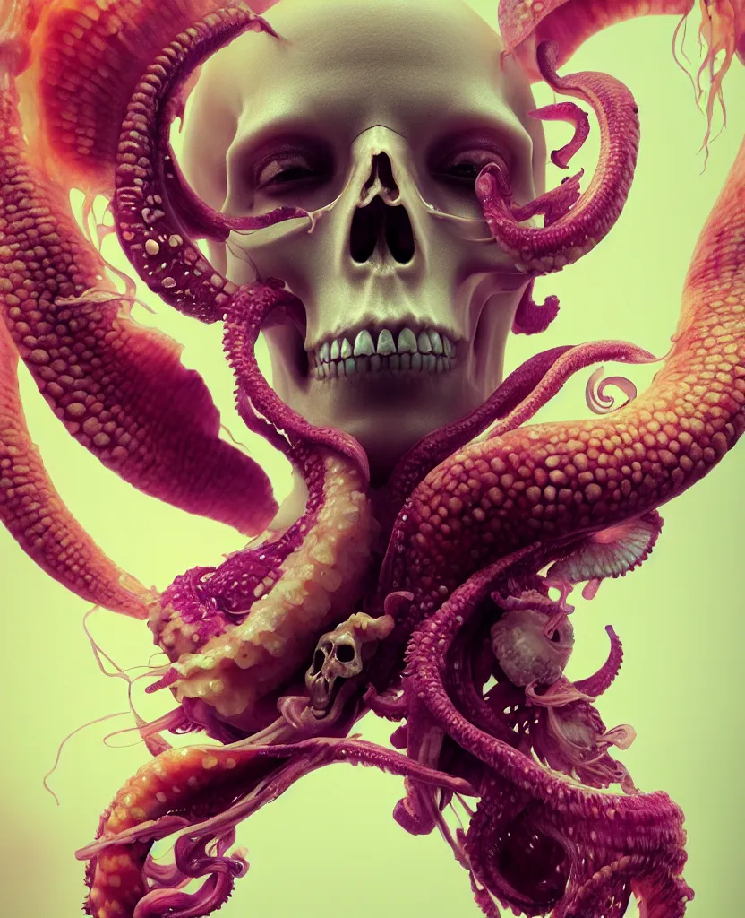 Image similar to goddess close - up portrait human skull, ram skull, squid phoenix jellyfish, orchid, betta fish, bioluminiscent, intricate artwork by tooth wu and wlop and beeple. octane render, trending on artstation, greg rutkowski very coherent symmetrical artwork. cinematic, hyper realism, high detail, octane render, 8 k