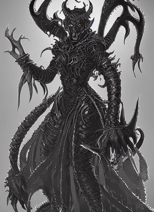 Prompt: a detailed full body demonic tiefling, queen of blades, by yusuke murata, by hiroya oku, trending on artstation