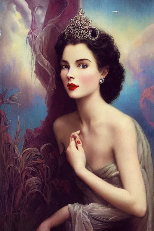 Image similar to a young and extremely beautiful grace kelly infected by night by tom bagshaw in the style of a modern gaston bussiere, art nouveau, art deco, surrealism. extremely lush detail. melancholic scene infected by night. perfect composition and lighting. sharp focus. profoundly surreal. high - contrast lush surrealistic photorealism. sultry, infectious smile.