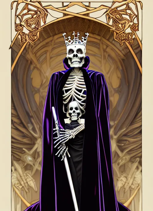 Prompt: undead skeleton king, wearing an academic gown, regal, tarot card, highly detailed, deep focus, elegant, digital painting, smooth, sharp focus, illustration, ultra realistic, 8 k, art by artgerm and alphonse mucha and greg rutkowski