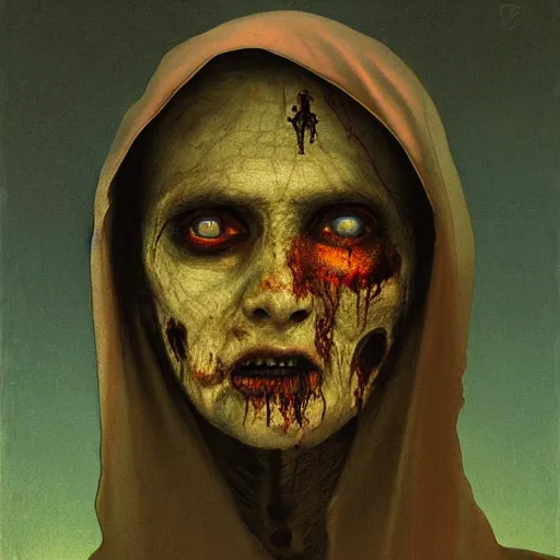 Image similar to A portrait of A zombie nun by Zdzisław Beksiński and Ilya Repin,In style of Post-Apocalyptic.digital art, illustration,hyper detailed,smooth, sharp focus,trending on artstation,oil on the canvas,4k