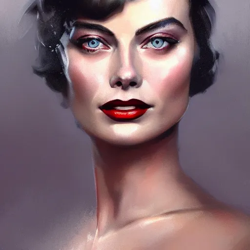 Image similar to closeup portrait of margot robbie, 1 9 2 0 s, femme fatale, dramatic lighting, city background, chiaroscuro, high detail, painted by greg rutkowski, painted by igor kieryluk, painted by bobby chiu, trending on artstation