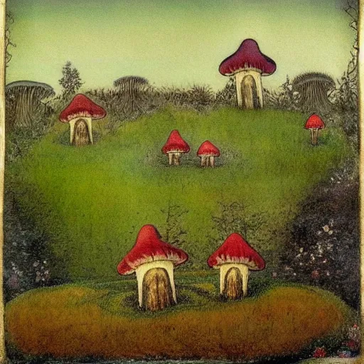 Prompt: a fairytale landscape with mushroom houses, in the style of John Bauer,