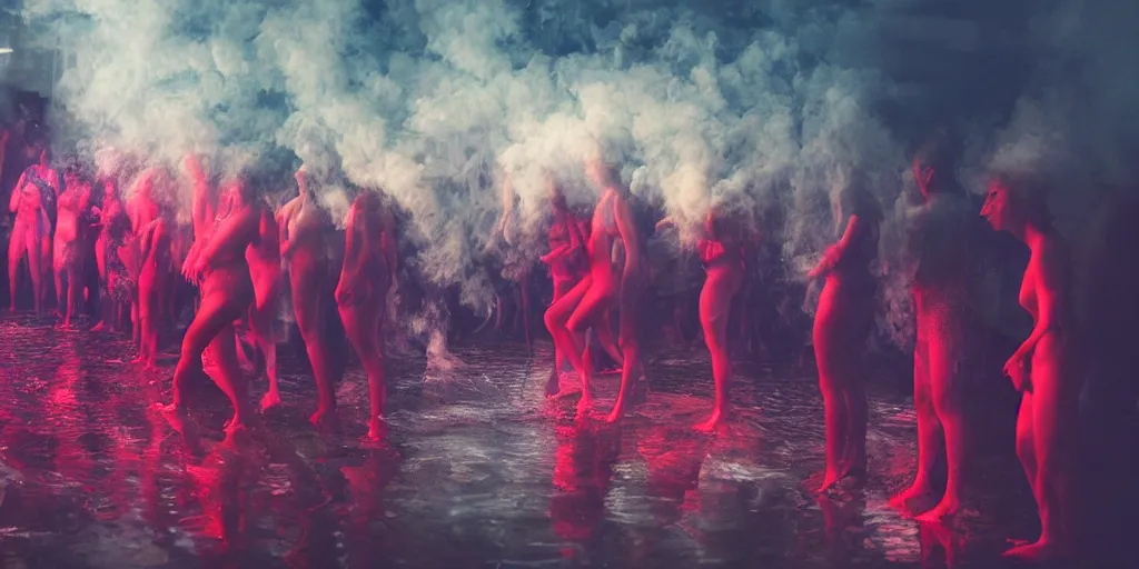 Prompt: love, groups of people with glowing bodies, from behind, rebirth, beauty, wide angle, elaborate, wet, highly detailed, smoke, steam, reflections, vivid colors, beautiful lighting