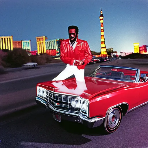 Prompt: Color Ektachrome photo of Chuck Berry driving a red convertible 1968 Converible Eldorado with a white interior on the Las Vegas Strip at night, award winning photograph by Annie Liebowitz and Herman Leonard