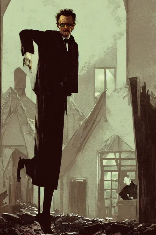 Prompt: portrait of gary oldman as a giant vampire, room of old hut in background, illustration by norman rockwell and greg rutkowski