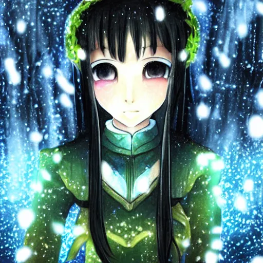 Prompt: focus face portrait of beautiful darkness 3 d anime gir as knight, dark forest background, snowing, bokeh, inspired by masami kurumada, digital painting