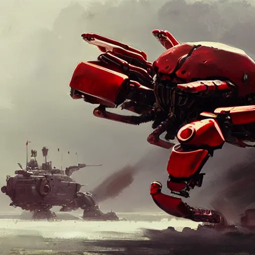 Image similar to giant red mechanical crab with cannon on its back, detailed, military robot, by greg rutkowski and jakub rozalski