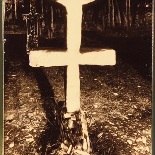 Image similar to occult sacrifice site, many crosses and effigies, taken with Polaroid camera with dark and dark ominous lighting