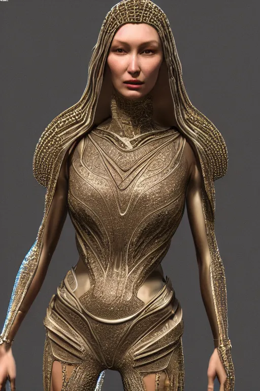 Image similar to a highly detailed metahuman 4 k render close up of an alien goddess bella hadid in iris van herpen dress schiaparelli in diamonds swarovski and jewelry in style of alphonse mucha trending on artstation made in unreal engine 4