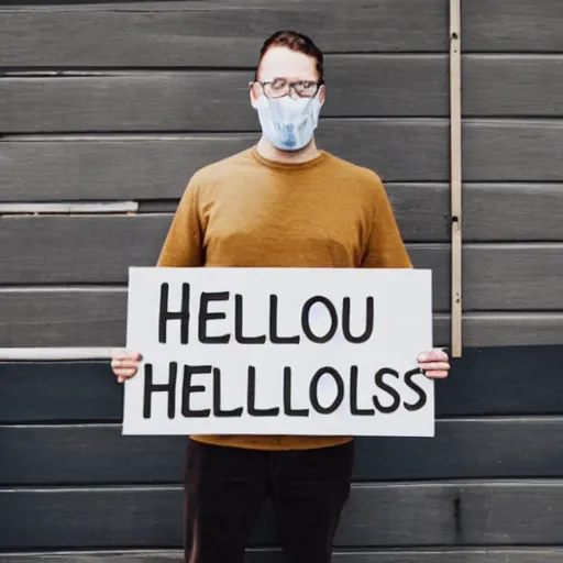 Prompt: a man holding a sign the says hellos