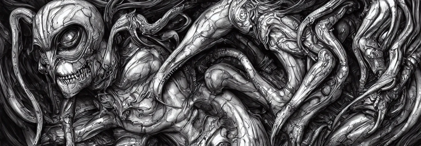 Image similar to engineer prometheus face by Artgerm, xenomorph alien, highly detailed, symmetrical long head, blood color, smooth marble surfaces, detailed ink illustration, raiden metal gear, cinematic smooth stone, deep aesthetic, concept art, post process, 4k, carved marble texture and silk cloth, latex skin, highly ornate intricate details, prometheus, evil, moody lighting, hr geiger, hayao miyazaki, indsutrial Steampunk