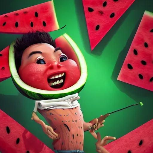 Prompt: a watermelon in a back yard laughing happily at the mad scientists which are falling from the sky , made by Stanley Artgerm Lau, WLOP, Rossdraws, ArtStation, CGSociety, concept art, cgsociety, octane render, trending on artstation, artstationHD, artstationHQ, unreal engine, 4k, 8k,