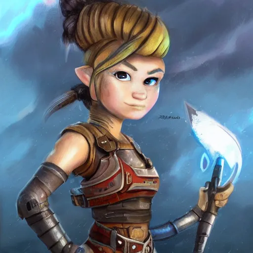 Image similar to full body portrait of a scrappy female gnome engineer with pixie undercut hair, blasting lightning from her metal gauntlet, standing on a ship deck, thunder fantasy magic, naval background, D&D, piercing stare, highly detailed, digital painting, HD, ArtStation, great composition, concept art, matte, sharp focus, illustration, art by artgerm and Greg Rutkowski
