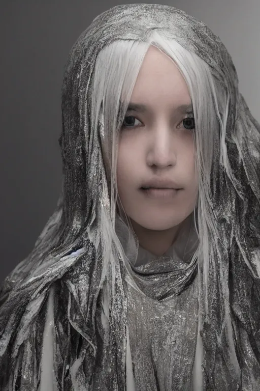 Prompt: beautiful girl with ice white hair wearing long futuristic highly detailed dark cloak designed by yohji yamamoto standing in a shadow of the soft light, mystery, mysterious, soft muted colors, simple shapes, wes anderson, golden ratio, perfect composition, happiness, cannon ef 6 5 mm f / 2. 8