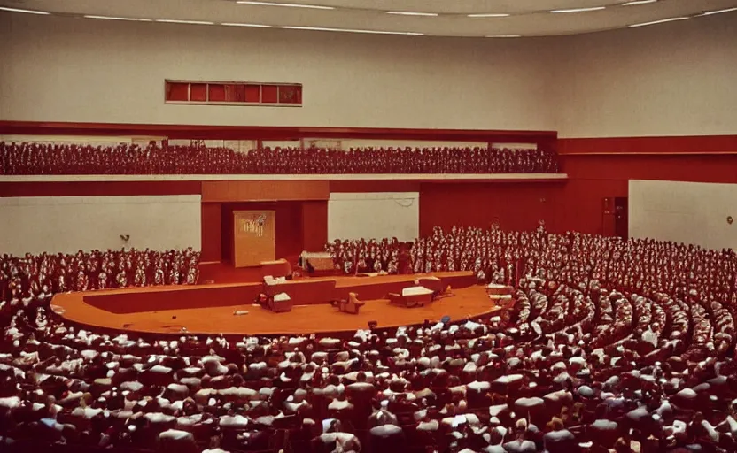 Image similar to 60s movie still of a CCCP congress in a stanilist style parlement, by Irving Penn , cinestill 800t 35mm eastmancolor, heavy grainy picture, very detailed, high quality, 4k, HD criterion, precise texture