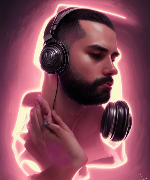 Image similar to Portrait of a male DJ, eastern european origin, sci-fi, pink eyes, face, shaved head, beard, Headphones, fantasy, LSD Dream Emulator, intricate, elegant, backlit, highly detailed, digital painting, artstation, concept art, smooth, sharp focus, illustration, art by artgerm and greg rutkowski and alphonse mucha