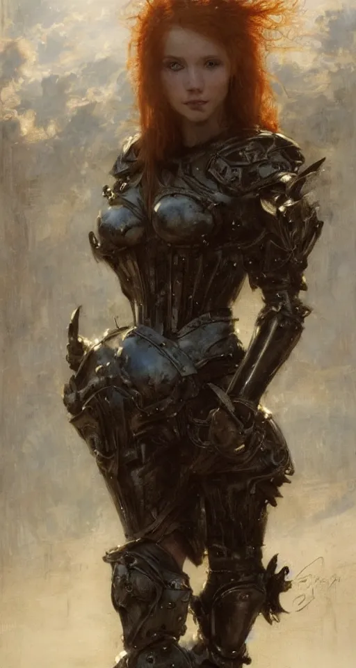 Image similar to short muscular redhead young woman wearing black medieval armour, bare legs, detailed, by gaston bussiere, bayard wu, greg rutkowski, giger, maxim verehin, greg rutkowski, masterpiece, sharp focus, cinematic lightning