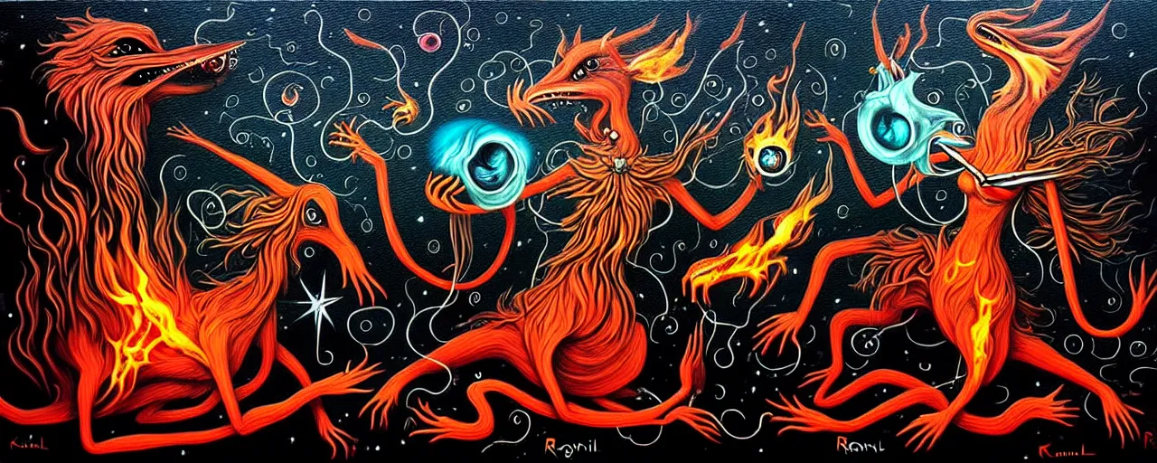 Prompt: whimsical fiery alchemical creatures, surreal dark uncanny mixed media painting by ronny khalil