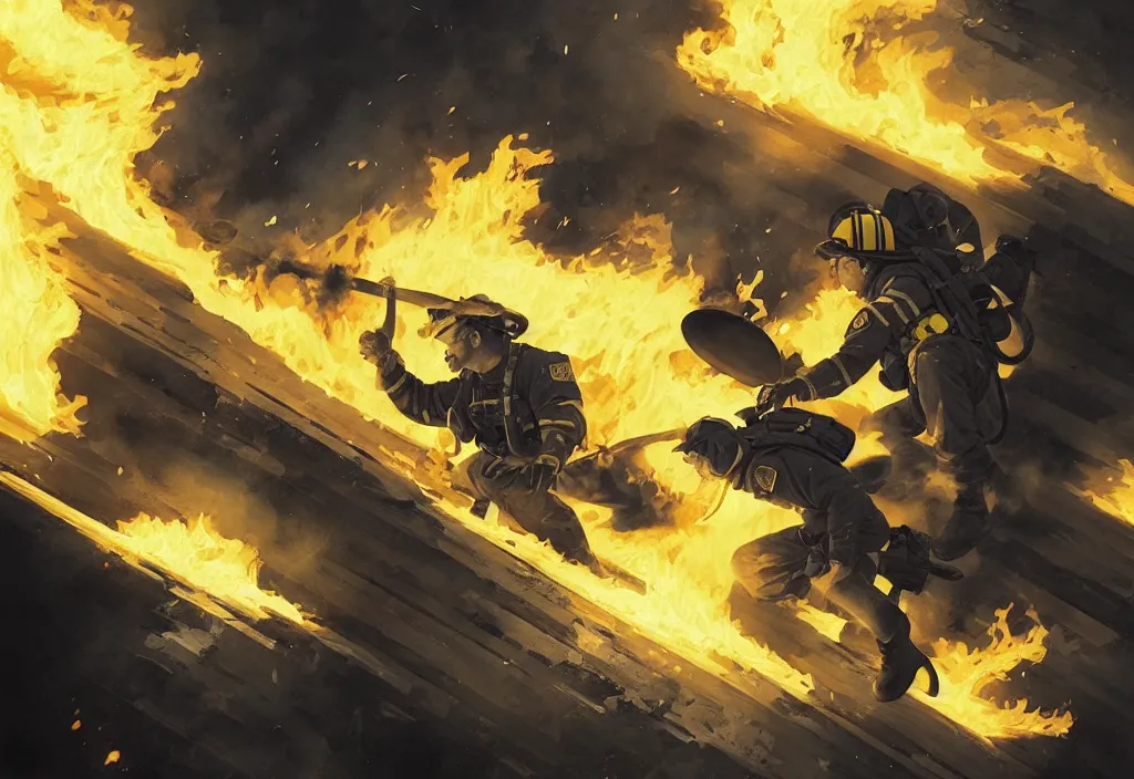 Image similar to heroic firefighter in action in black and yellow uniform, fire flames, sharp details, sharp focus, elegant, highly detailed, illustration, by jordan grimmer and greg rutkowski and pine ( ハイネ ) and 薯 子 imoko and 香 川 悠 作 and wlop and maya takamura, intricate