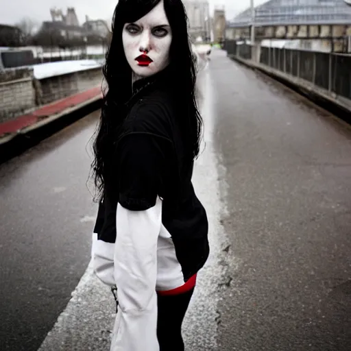 Prompt: a pale emo girl, messy black / red hair, british street background, overcast weather, 2 0 0 6