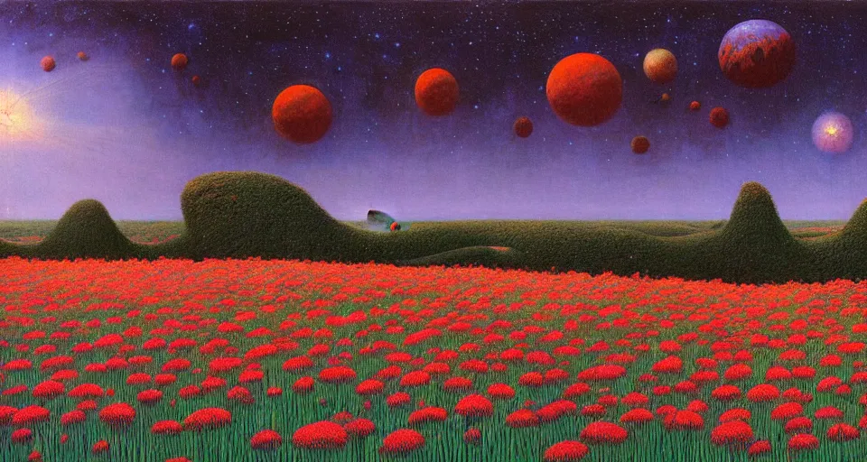 Image similar to a beautiful painting of a large perfectly cut hedge garden a field of flowers by moebius, underneath a star filled night sky, harold newton, zdzislaw beksinski, donato giancola, warm coloured, gigantic pillars and flowers, maschinen krieger, beeple, star trek, star wars, ilm, atmospheric perspective