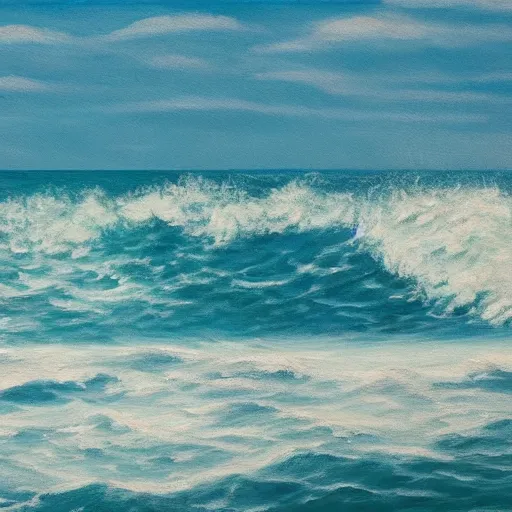 Image similar to a painting of an ocean full of waves half above water, half below water