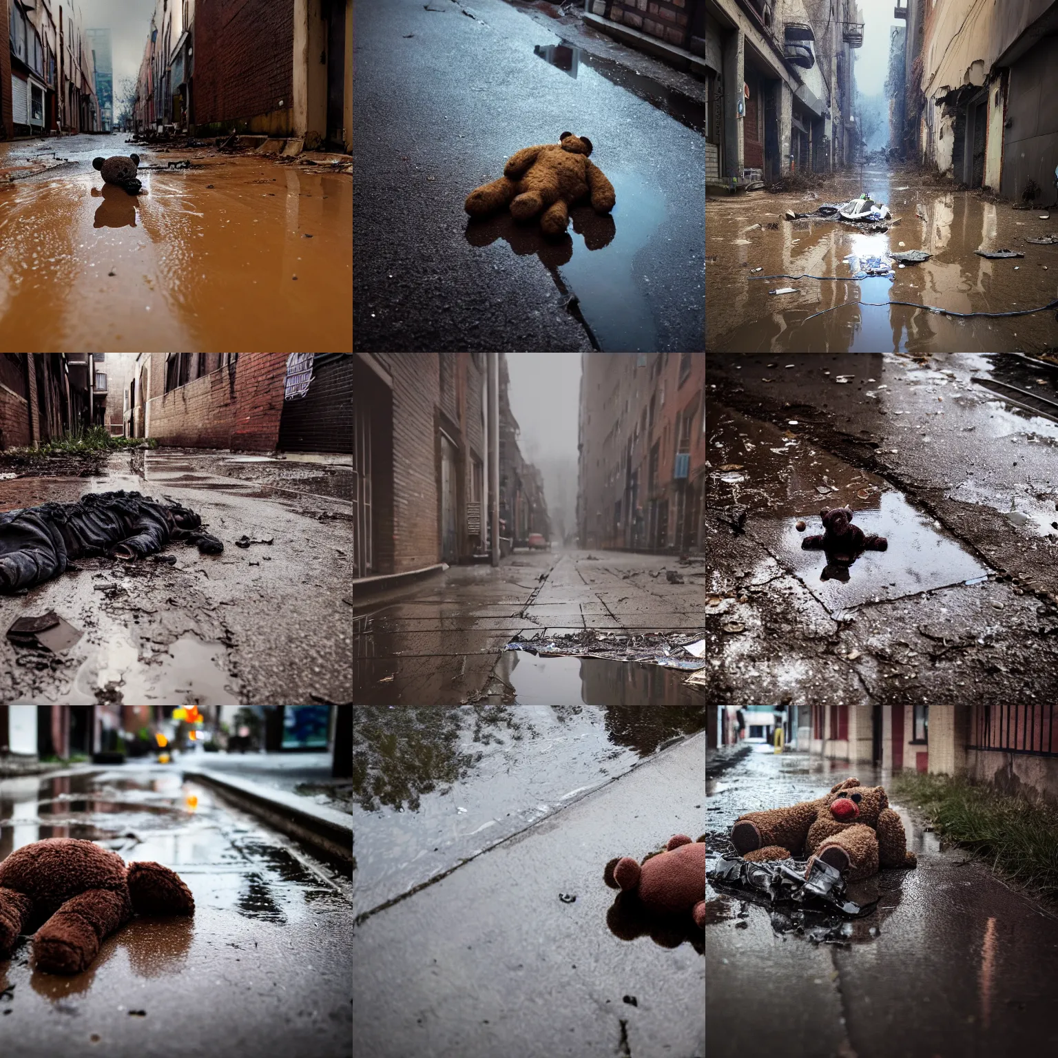 Prompt: photo of a destroyed teddy bair lying in a puddle in a back street, cinematic, atmospheric, 8k, trending on artstation