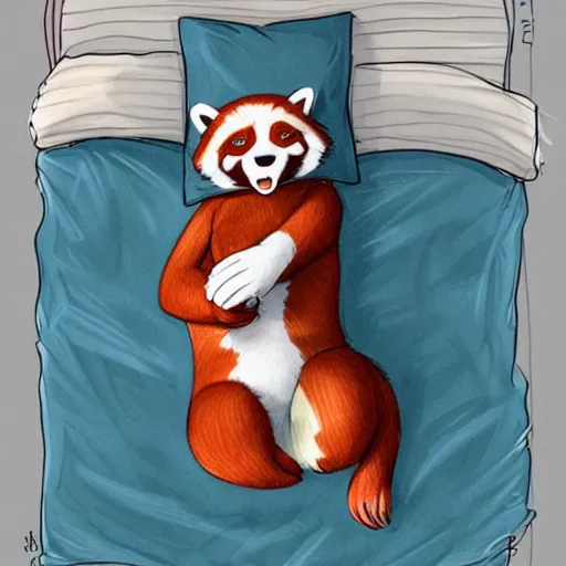 Image similar to commissioned full body portrait of an anthro!! red panda waking up in bed! and yawning! and stretching!, trending on furaffinity,