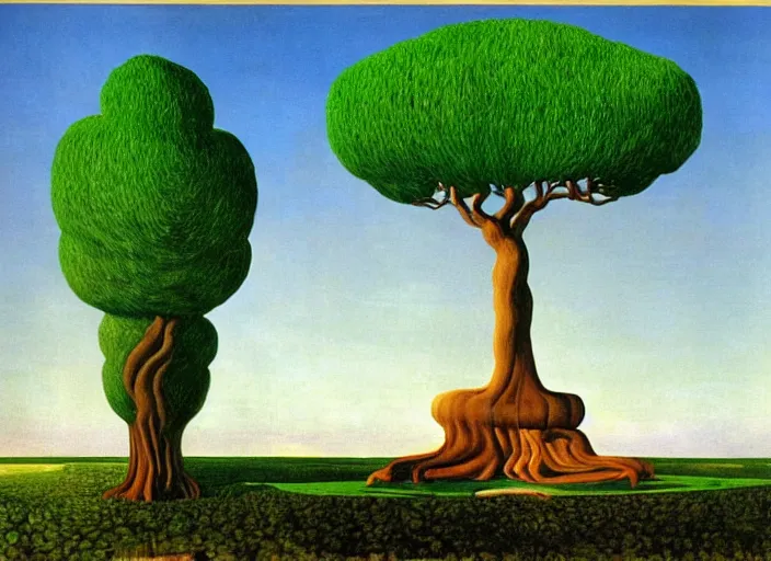 Prompt: a giant ancient tree with an opening containing female goddess by salvadore dali and rene magritte