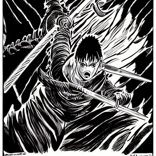 Image similar to Guts, Berserk, in the style of kentaro miura, very detailed, masterpiece, award winning, greatsword, coloured, manga