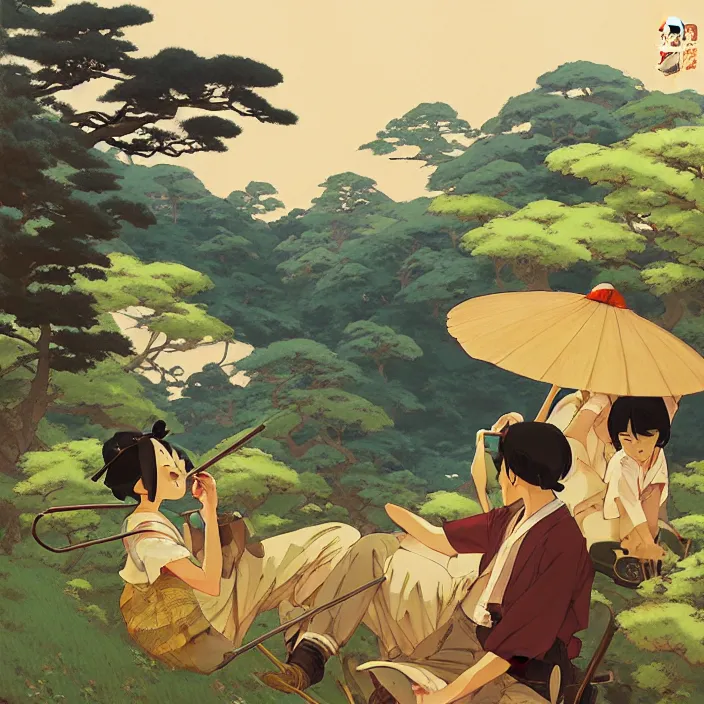 Image similar to japanese countryside, in the style of studio ghibli, j. c. leyendecker, greg rutkowski, artem