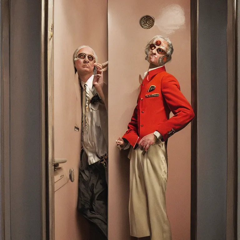 Prompt: high fashion octane render portrait by wayne barlow and carlo crivelli and glenn fabry, a single handsome eccentric man in a bright colorful pastel wes anderson elevator operator uniform inside a dark and moody vintage elevator in the hallway of a high - end exotic vintage boutique hotel, very short depth of field, bokeh