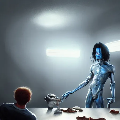 Image similar to michael jackson lying on a table, in the background are gray aliens and a smurf, anatomy, bathed in light, highly detailed, photorealistic, artstation, smooth, sharp focus, illustration, unreal engine 5, 8 k, art by artgerm and greg rutkowski and edgar maxence
